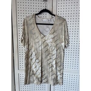 Susan Graver Short SLV V Neck Tee Beige Gray Women's M Rayon Stretch